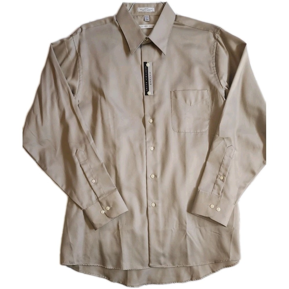 Geoffrey Beene Mens Dress Shirt Beige Sateen No Iron Large 16.5 34/35